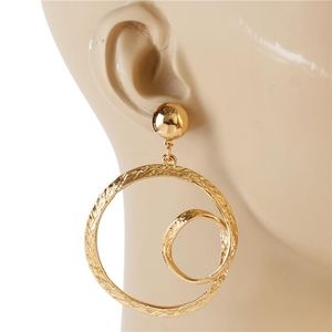 Gold Swirl Design Metal Hoop Earrings 3" Dangling Round Drop Circle Trendy Cute
